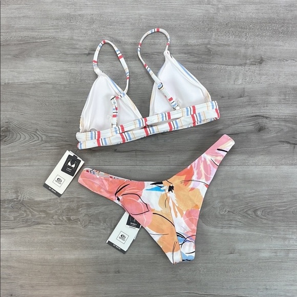 ☀️RIP CURL☀️ BLOSSOM STRIPE TRI TOP BLOSSOM HI LEG REVERSIBLE BIKINI SET - Picture 9 of 16